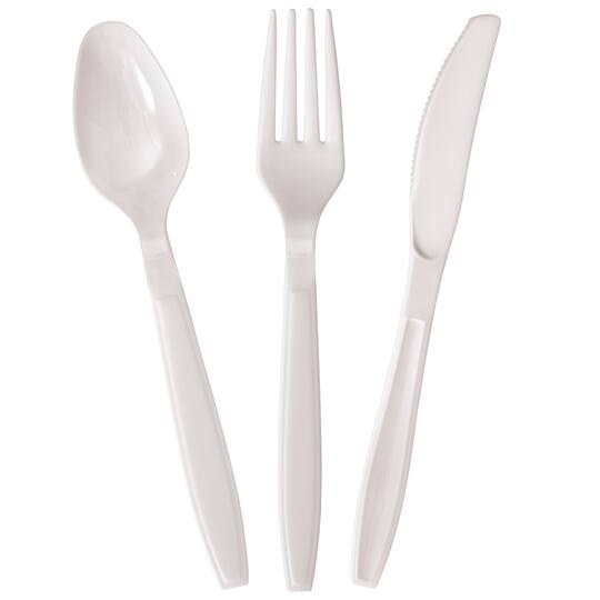 White Heavy Duty Plastic Silverware Set for 8 White Party Supplies